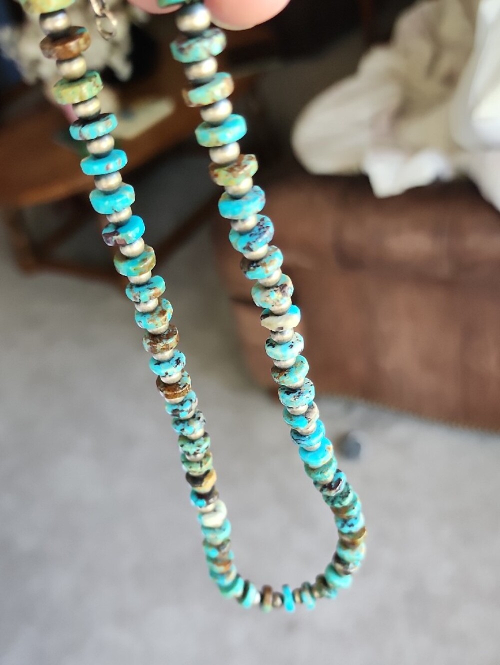 Authentic Turquoise And Desert Pearl Silver Bead Necklace - Women's Jewelry - Picture 4 of 5